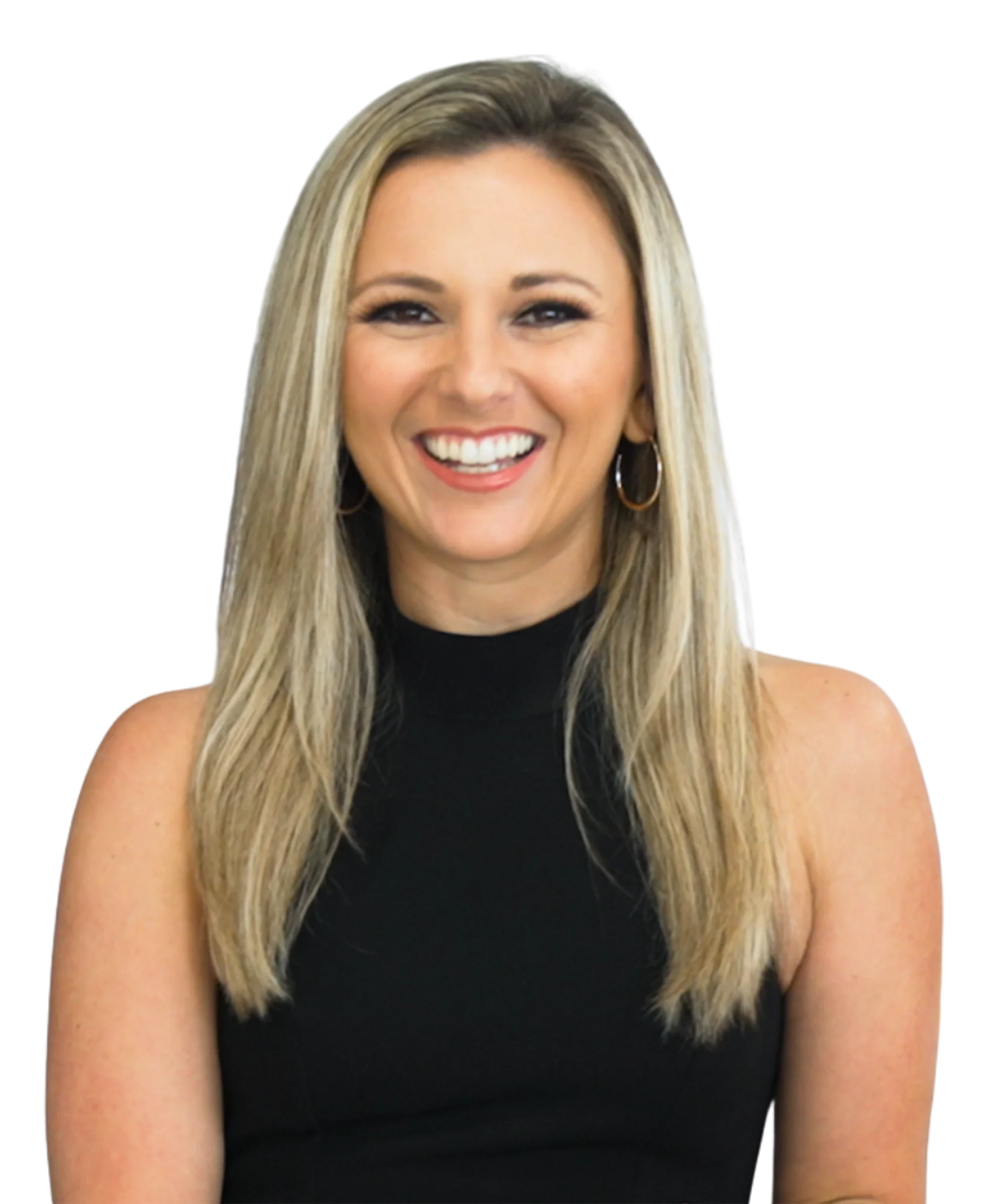Smiling woman with long blonde hair and hoop earrings, wearing a black top, against a black background.