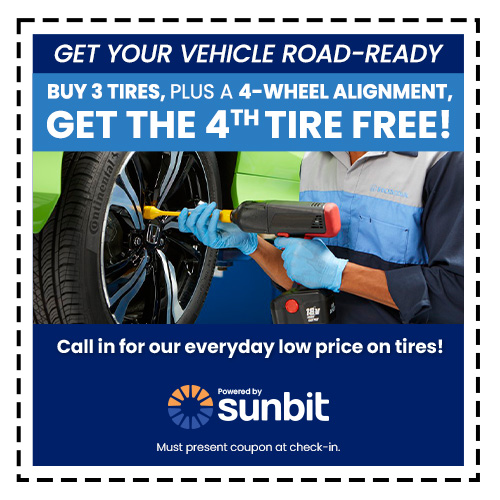 Buy 3 Tires, Plus A 4-Wheel Alignment, Get The 4th Tire Free